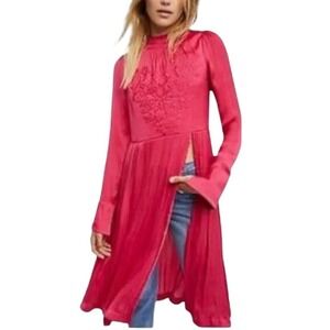 FREE PEOPLE New Day Mock Neck Embroidered Tunic Dress Raspberry Pink Size Medium